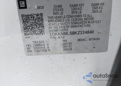 2019 GMC Acadia Slt-1 z USA, uszkodzony, nr VIN 1GKKNMLS8KZ134840